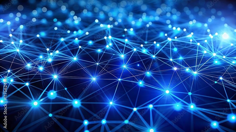 Blue Digital Network with Interconnected Nodes Symbolizing Data Communication and Artificial Intelligence Blue Digital Network with Interconnected Nodes Symbolizing Data Communication and Artificial Intelligence