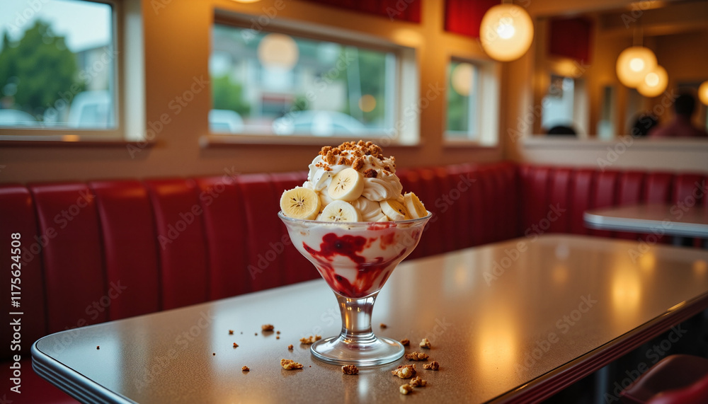 Delicious sundae with bananas and nuts in cozy diner, nostalgic treat Delicious sundae with bananas and nuts in cozy diner, nostalgic treat