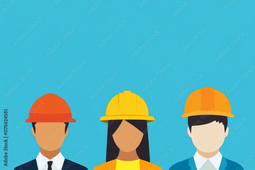 Construction workers wearing safety helmets and uniforms pose against a solid blue background in a professional setting Construction workers wearing safety helmets and uniforms pose against a solid blue background in a professional setting