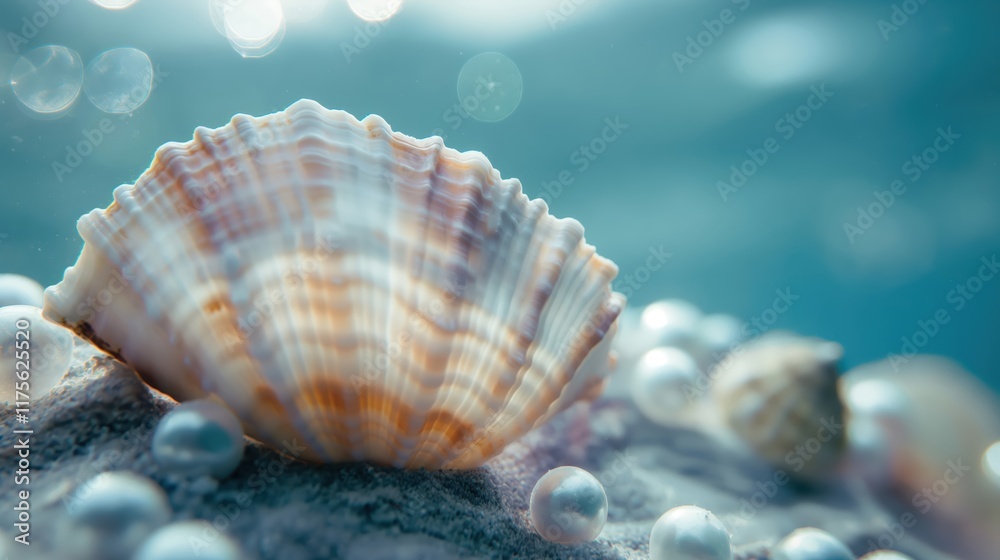 Underwater view of a pearl shell resting on the sandy ocean floor with soft waves above. Underwater view of a pearl shell resting on the sandy ocean floor with soft waves above.