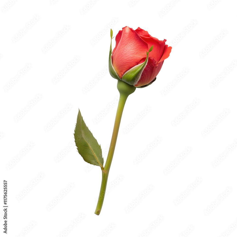 Isolated Red Rose with Green Leaves on Long Stem without Background. Isolated Red Rose with Green Leaves on Long Stem without Background.