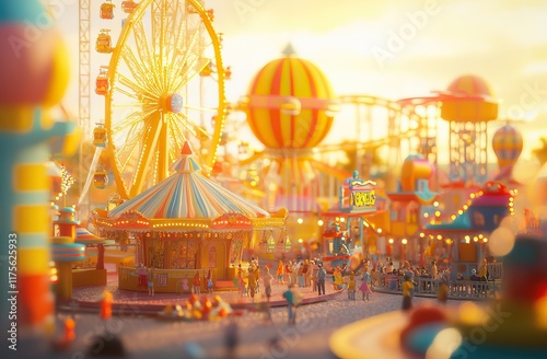 Amusement Park. Bright carnival scenes with cheerful crowds enjoying rides and vibrant attractions, AI generated image photo