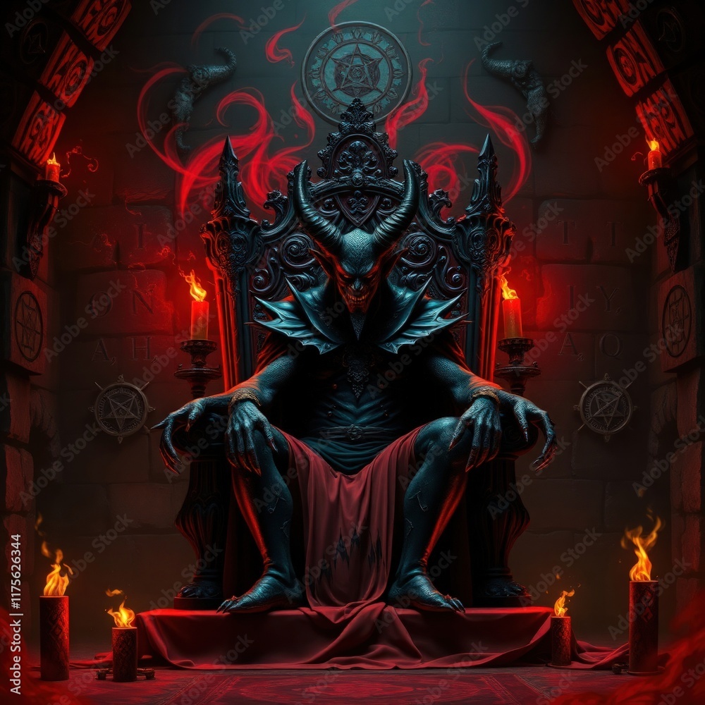 Fototapeta premium Dark Overlord on a Fiery Throne: The Infernal King in a Sinister Chamber Surrounded by Glowing Red Flames Satanism Symbol Background