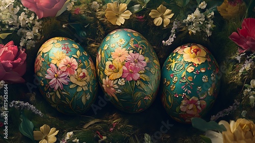 Vibrant Easter eggs adorned with intricate floral designs resting in an artistic layout photo