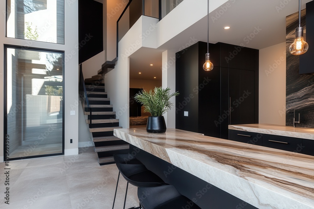 Obraz premium Modern minimalist kitchen and living space with sleek design and natural light.