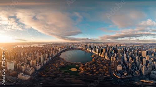 Wallpaper Mural Panoramic aerial view of a city skyline at sunset, featuring a large park with a lake in the center. Torontodigital.ca