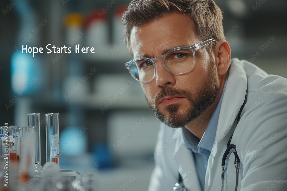 Fototapeta premium Caucasian male scientist in laboratory with test tubes and microscope preparing experiment.
