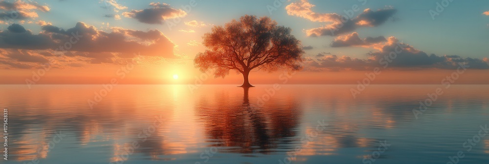 Obraz premium Serene Sunset Over Tranquil Lake with Solitary Tree Silhouette on the Horizon