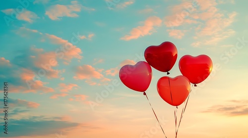 Vibrant heart-shaped balloons in red and pink drifting in a serene sky, designed for Valentine's Day marketing materials and posters photo