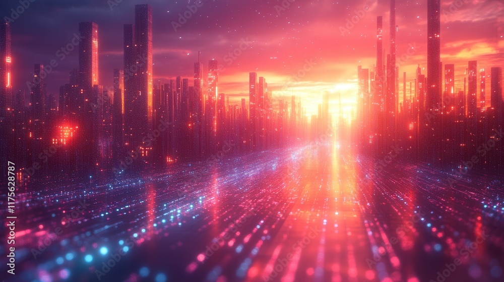 Surreal digital landscape featuring luminous geometric shapes, vibrant light trails, and an otherworldly atmosphere