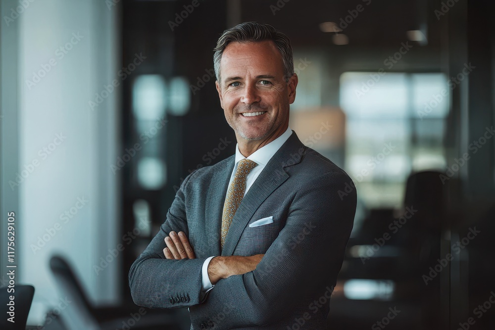 Confident man in suit with crossed arms in modern office Confident man in suit with crossed arms in modern office