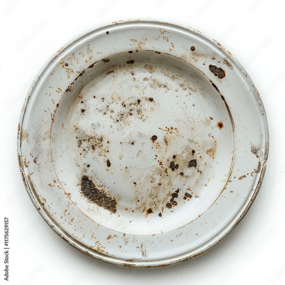 Empty old and rusty white enamel plate isolated on white background Empty old and rusty white enamel plate isolated on white background