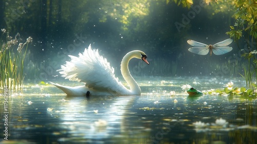 Elegant swan gliding on serene pond, accompanied by curious frog and hovering dragonfly, tranquil nature scene unfolding.
