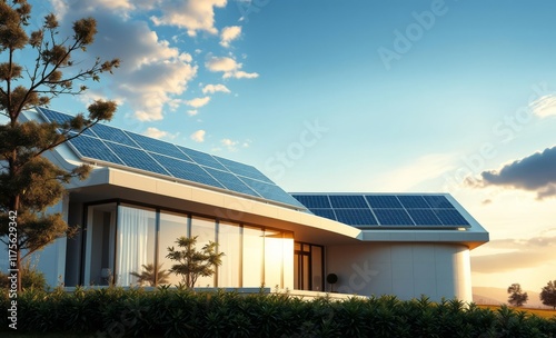 Modern eco-friendly house, solar panels on roof, sunset sky, fluffy clouds, palm trees, architectural design, sustainable living, energy efficient home, golden hour lighting, tropical setting, contemp photo