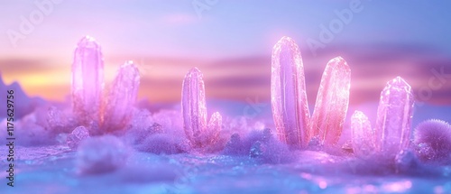 A Glowing pink crystals in serene landscape at sunset, creating magical atmosphere