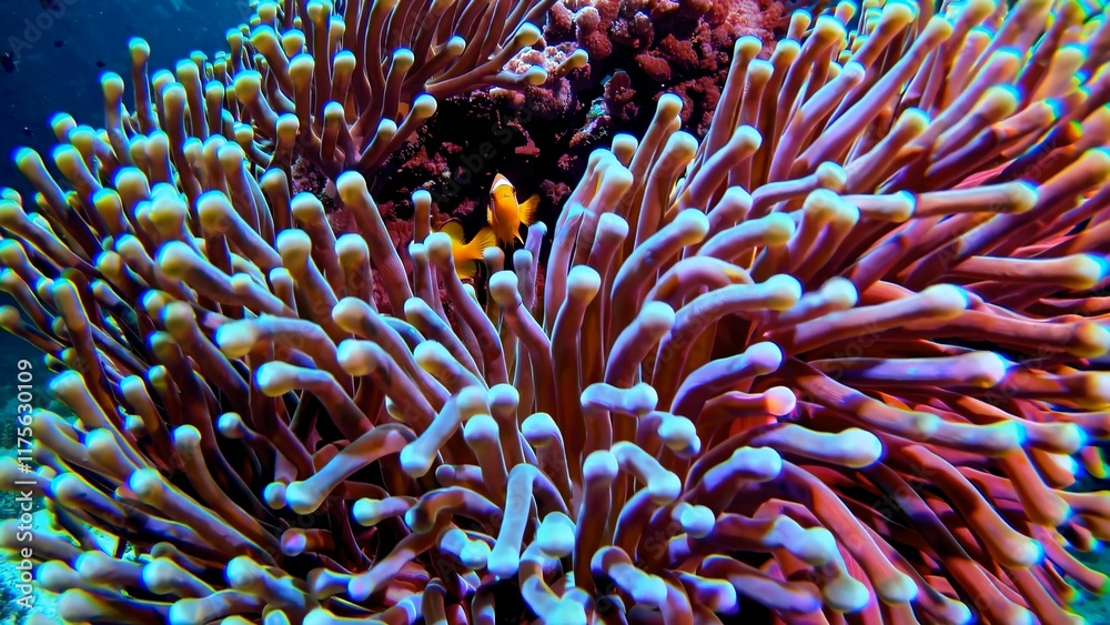 Ocellaris clownfish navigating protective tentacles of ritteri anemone, displaying intricate symbiosis within colorful marine ecosystem of coral reef habitat, ocellaris clownfish, percula clownfish Ocellaris clownfish navigating protective tentacles of ritteri anemone, displaying intricate symbiosis within colorful marine ecosystem of coral reef habitat, ocellaris clownfish, percula clownfish