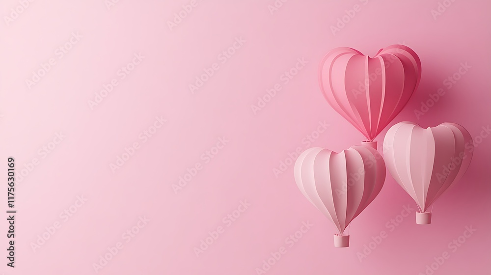 Pastel pink background with heart-shaped hot air balloons floating gently Pastel pink background with heart-shaped hot air balloons floating gently