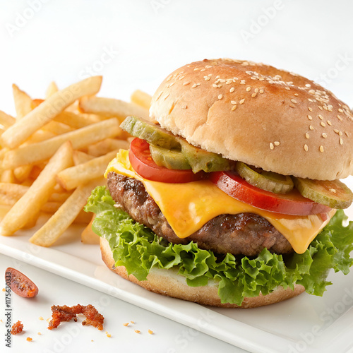 Delicious Cheeseburger with Fries on a Slate Plate