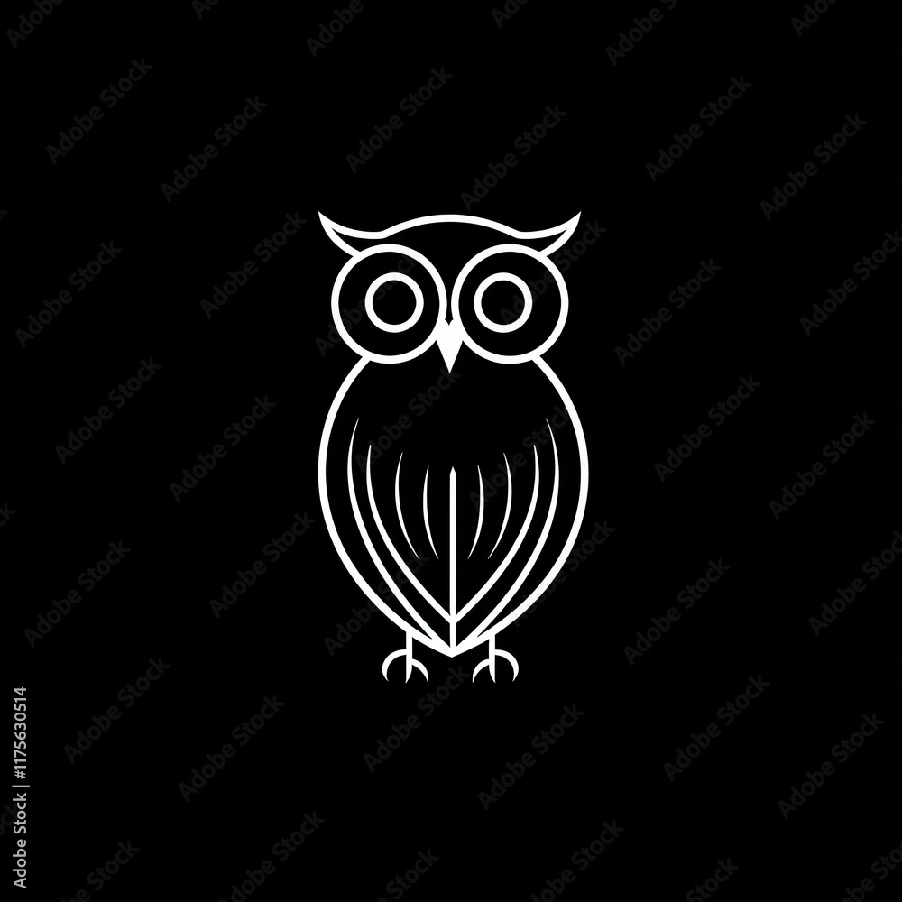 Simple black and white owl line art on black background. Simple black and white owl line art on black background.