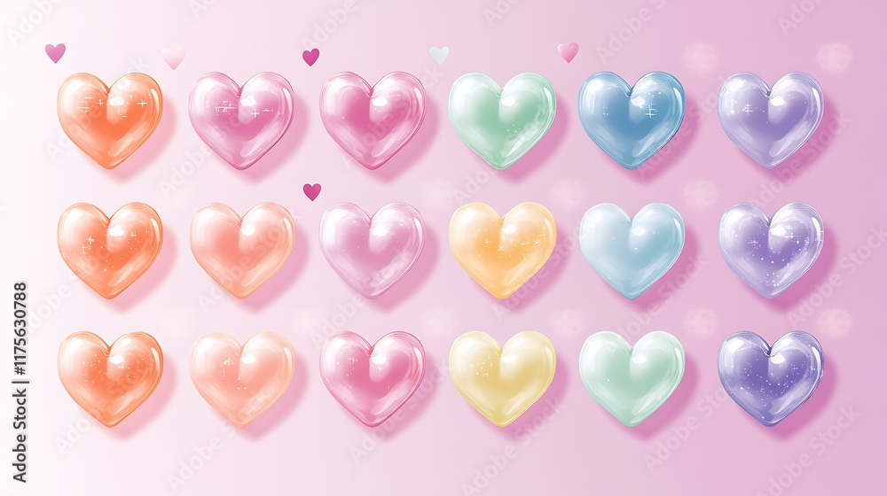 Valentine's Day banner with hearts in various sizes arranged symmetrically on a pastel background
