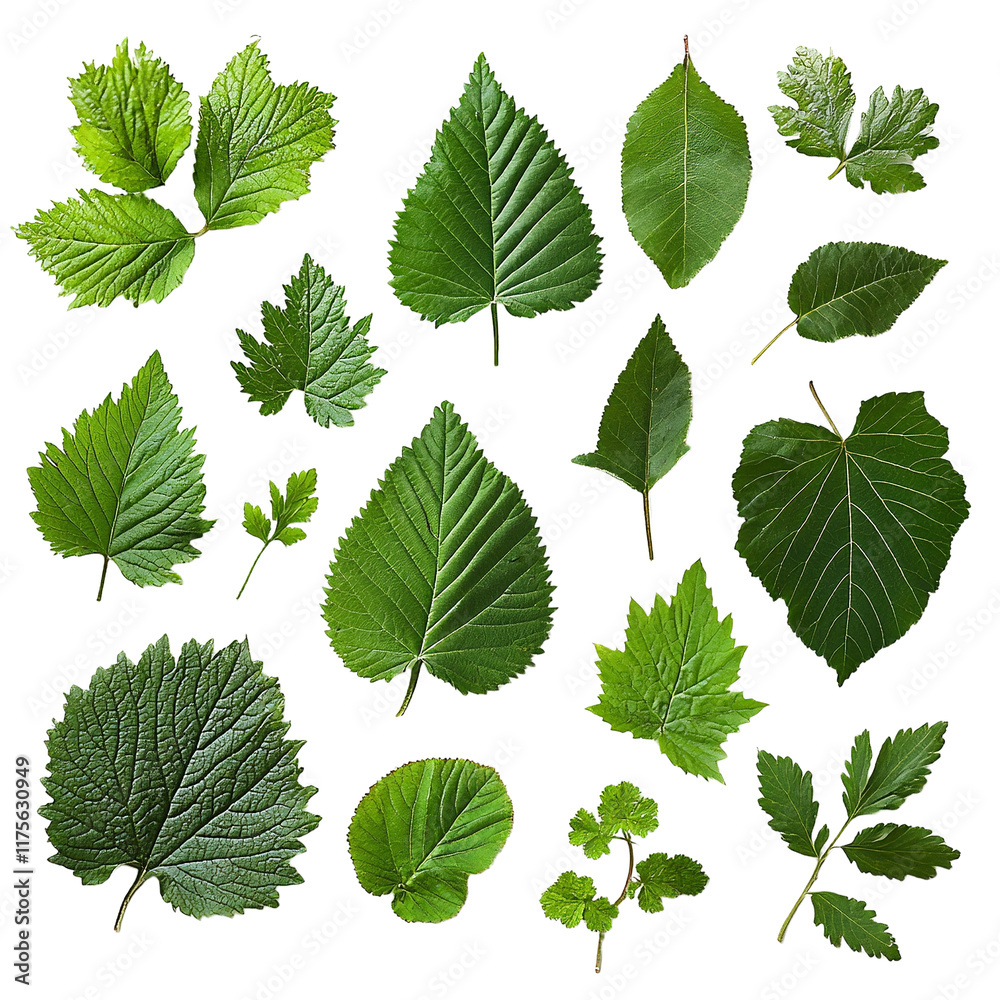 a collection of green leaves on a transparent background, PNG image, PNG file, Generative art.
