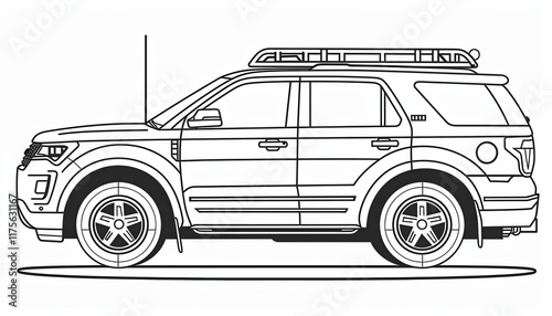 A simple side view line art illustration of an SUV car with roof rack. Ideal for coloring books activity sheets or car-related designs.