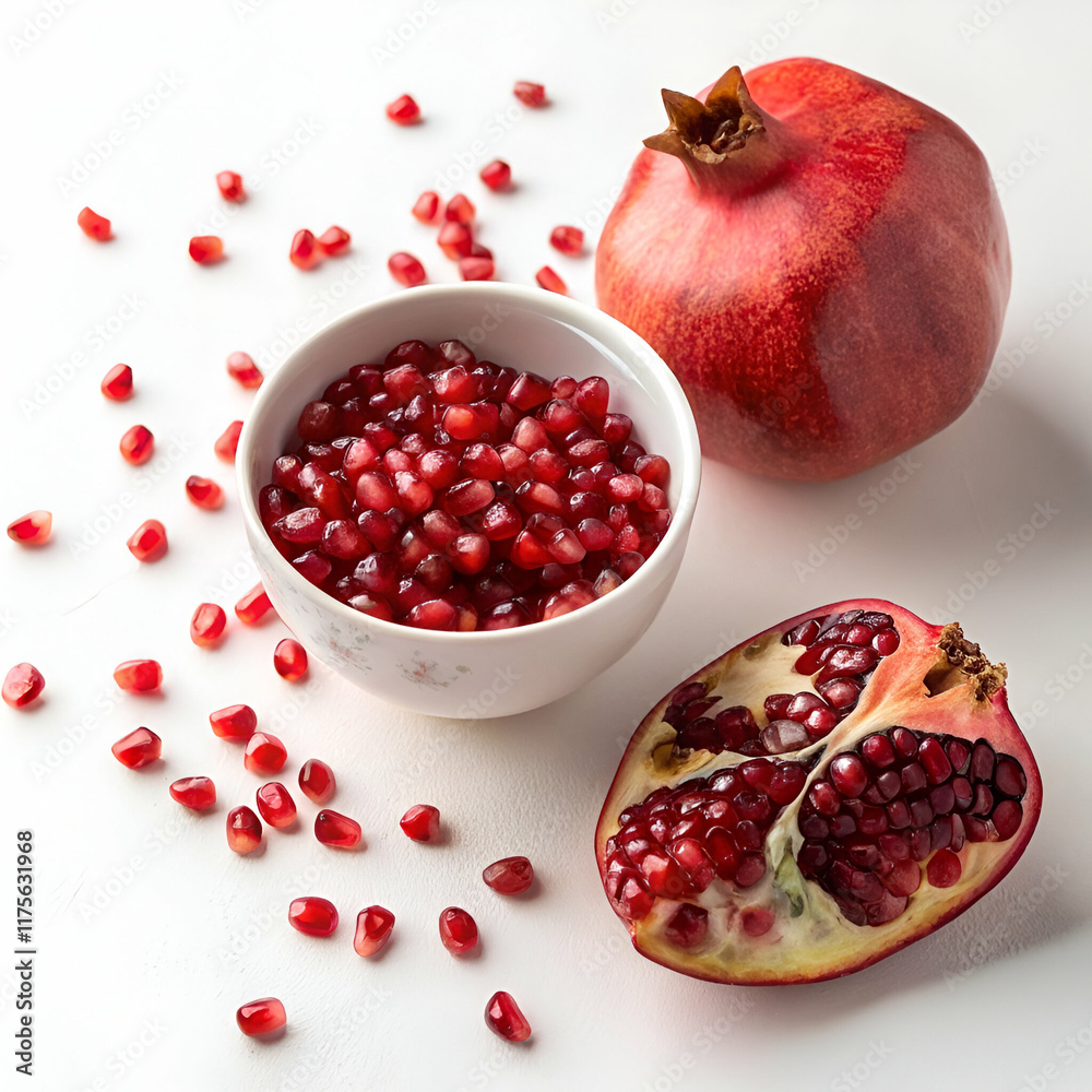 Fresh pomegranate seeds in bowl and sliced pomegranate on white background Fresh pomegranate seeds in bowl and sliced pomegranate on white background