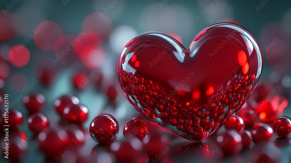 Stunning 3D heart formed by a mix of glass and metallic red spheres, with smooth reflective surfaces creating a romantic, abstract composition Stunning 3D heart formed by a mix of glass and metallic red spheres, with smooth reflective surfaces creating a romantic, abstract composition