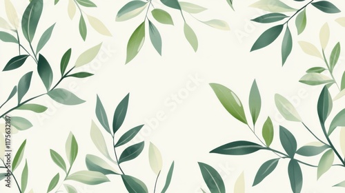 Elegant flat design with green leaves gracefully drifting on a clean white background, evoking a sense of freshness and environmental harmony.