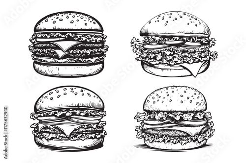 Hand-Drawn Black and White Burger Illustrations Set