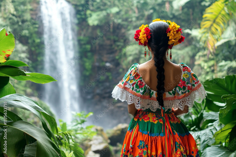 Backview of woman in colorful traditional dress, braided hair, facing waterfall Backview of woman in colorful traditional dress, braided hair, facing waterfall