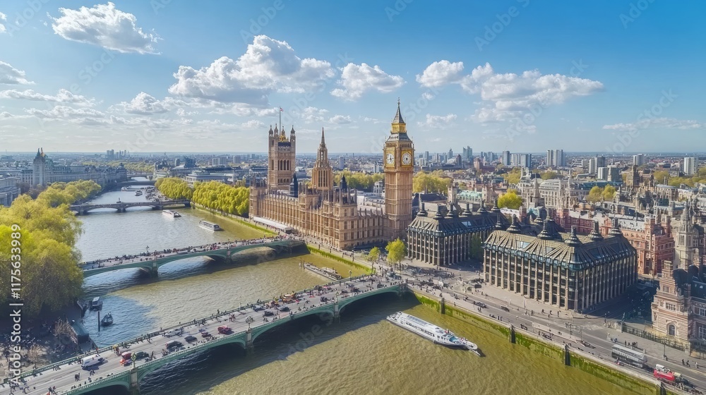 Obraz premium Panoramic view of London's iconic landmarks Big Ben, Houses of Parliament, and Westminster Bridge under a sunny sky.