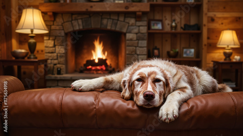Wallpaper Mural Melancholy Dog Resting on Leather Couch by Fireplace Torontodigital.ca