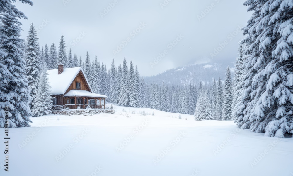 Charming cabin amidst snowy pine forest Charming cabin amidst snowy pine forest