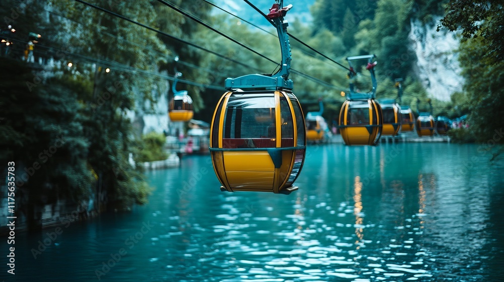 Close-up of colorful funicular wheels and gondolas above a serene blue lake surrounded by lush greenery Close-up of colorful funicular wheels and gondolas above a serene blue lake surrounded by lush greenery