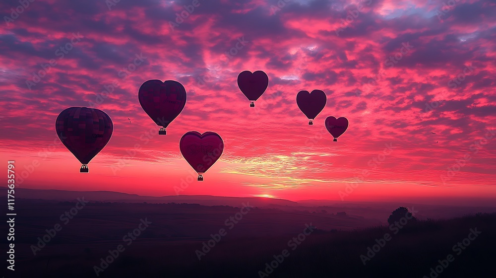 Fototapeta premium Dreamy pink sunset with heart-shaped hot air balloons floating in the distance