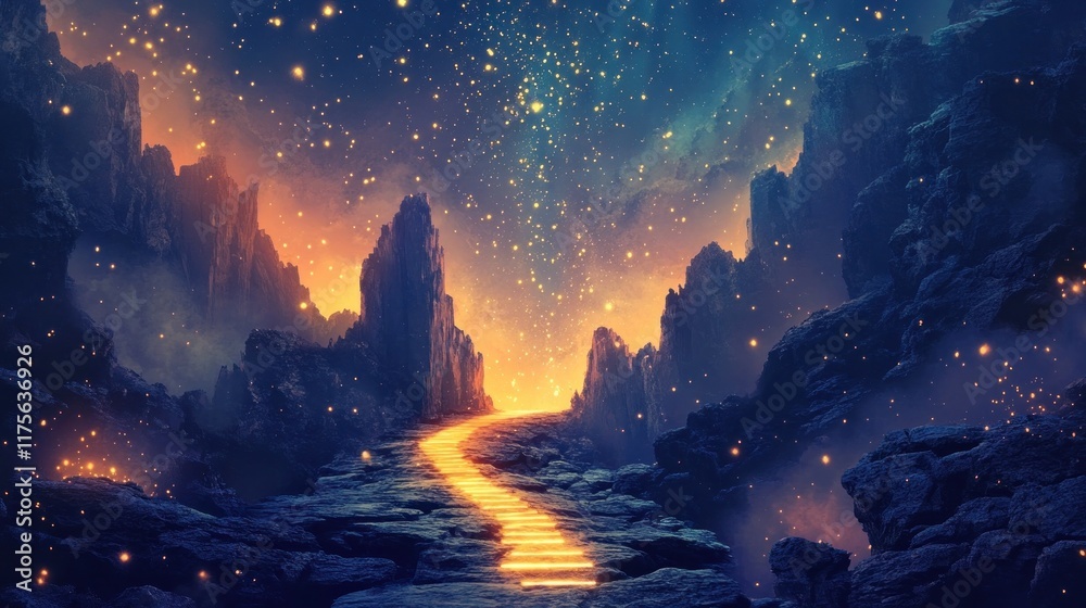 Fototapeta premium Enchanting Celestial Landscape with Glowing Pathway through Mystical Mountains and Starry Night Sky