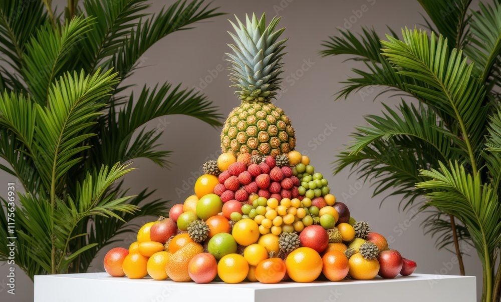 Vibrant fruit display with pineapple centerpiece Vibrant fruit display with pineapple centerpiece