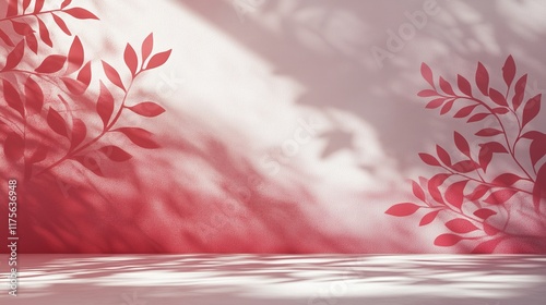 Studio backdrop with wall interior featuring leaf shadows in red and white tones, ideal for product placement and text insertion. 