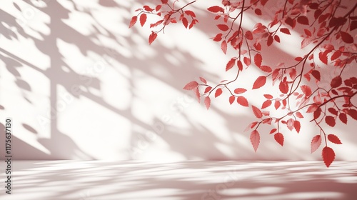 Studio backdrop with wall interior featuring leaf shadows in red and white tones, ideal for product placement and text insertion. 