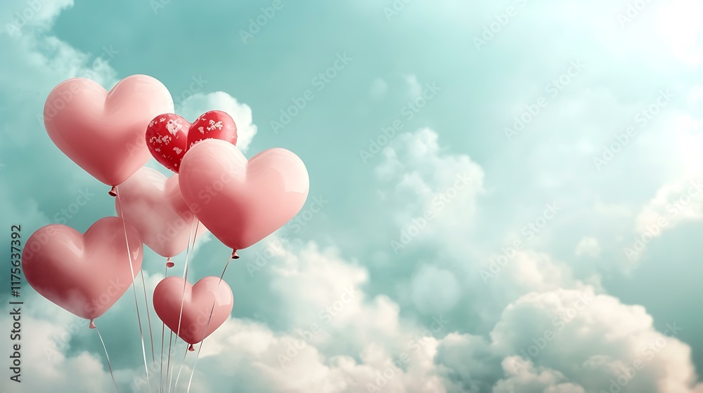 Romantic Valentine’s Day backdrop with heart-shaped balloons and soft cloud textures, designed for use in event posters or brochures Romantic Valentine’s Day backdrop with heart-shaped balloons and soft cloud textures, designed for use in event posters or brochures