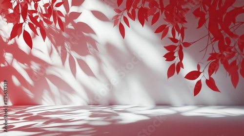 Studio backdrop with wall interior featuring leaf shadows in red and white tones, ideal for product placement and text insertion. 