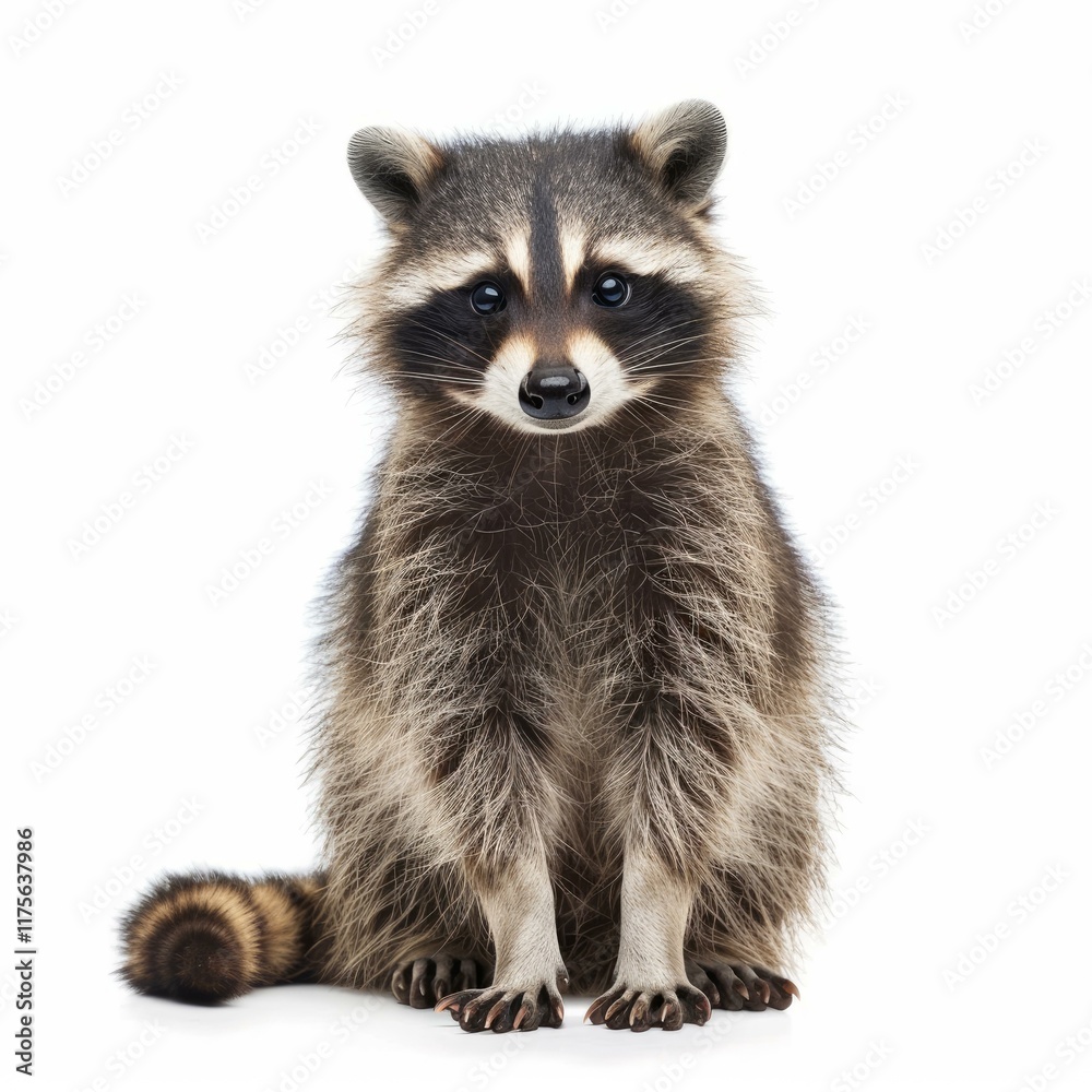 Curious raccoon sitting and staring on a white background, showcasing its distinctive markings and furry texture Curious raccoon sitting and staring on a white background, showcasing its distinctive markings and furry texture