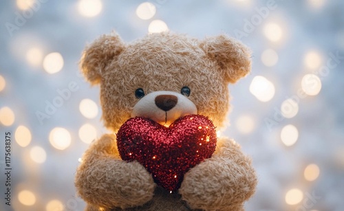 Background with teddy bear on blurred background with boho style lights. A teddy bear with a heartless heart in his hands. Valentine's Day. The concept of love and romance. Calm luxury.