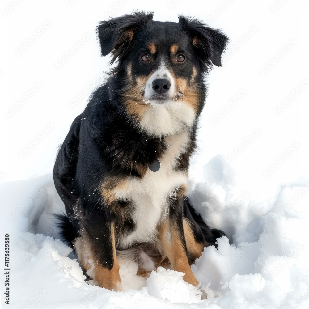 Australian shepherd dog sitting in a snowdrift on a winter day Australian shepherd dog sitting in a snowdrift on a winter day