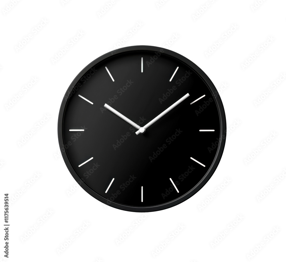 A minimalist black wall clock featuring white hands and hour markers. The simple design creates a modern aesthetic, suitable for contemporary spaces. Isolated on transparent background, png A minimalist black wall clock featuring white hands and hour markers. The simple design creates a modern aesthetic, suitable for contemporary spaces. Isolated on transparent background, png
