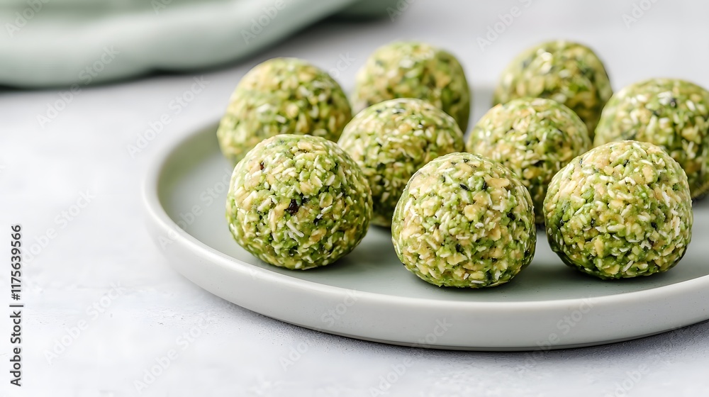A plate of vibrant green energy balls, made from nuts and seeds, showcasing a healthy snack option perfect for on-the-go nutrition. A plate of vibrant green energy balls, made from nuts and seeds, showcasing a healthy snack option perfect for on-the-go nutrition.