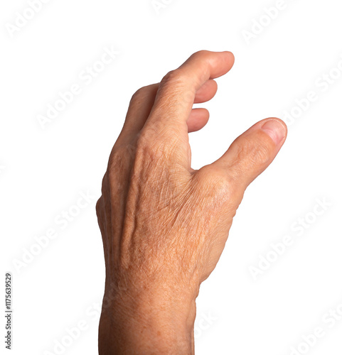 Outstretched hand gesture. Senior Caucasian woman s wrinkled left hand with fingers and thumb extended, veins and arteries visible, symbolizing reaching or attempting to grab something. Dorsal view