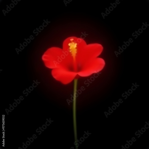 A single red flower with a yellow center is the focus of the image, set against a dark background.