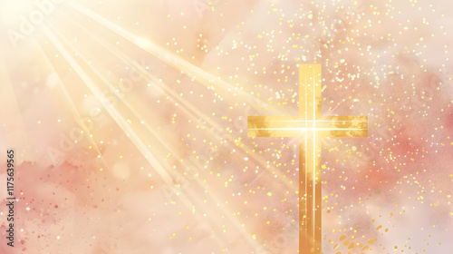Golden Christian cross with radiant yellow light beams shining outwards, set against a soft pastel sky